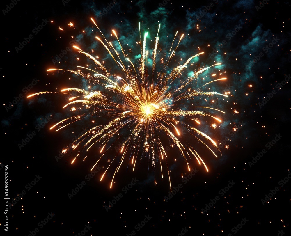 Fototapeta premium Bright golden fireworks exploding against a dark night sky with sparkling trails and glowing bursts