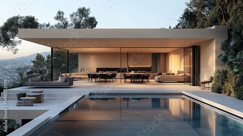 Contemporary dining space with minimalist decor  designer lighting and poolside patio outside sliding doors  bright clear lighting  photo-real aesthetic  