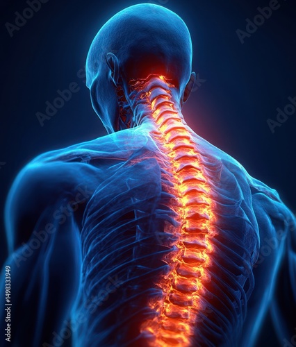 3D medical illustration of human upper body highlighting the spine with bright glowing orange vertebrae indicating pain or inflammation