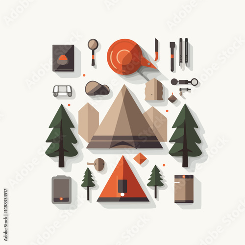Illustration of Flat Shadow Camping Materials Vector Graphics for Outdoor Adventure Designs