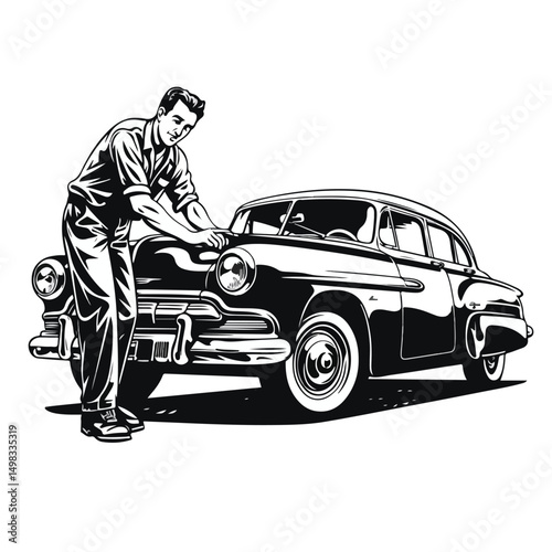 Professional Car Mechanic Concept in Black and White Vector Illustration for Automotive Industry