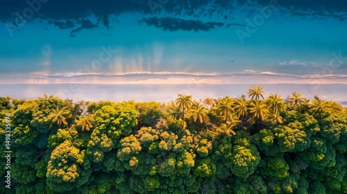 An aerial view of a lush tropical forest where vibrant green foliage and majestic palm trees form a natural tapestry beside a calm, endless ocean.