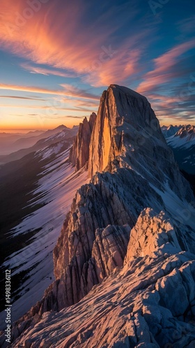 A majestic mountain range with jagged peaks, partially covered in snow, bathed in the warm glow of a sunset, with a colorful sky