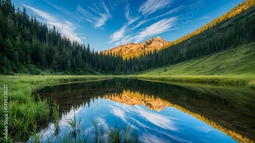 A serene alpine scene featuring a still mountain lake perfectly mirroring the surrounding evergreen forest and golden-lit peaks