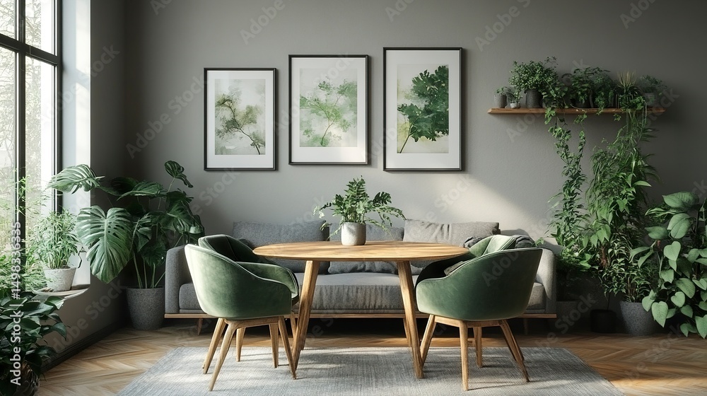 Fototapeta premium Cozy modern living-dining area with green chairs, light wood table and gray sofa, indoor plants and soft decor, daylight interior, Scandinavian style