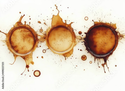 Three coffee cup stains with varying shades of brown and splash patterns on a white background, showing artistic liquid texture and random droplets