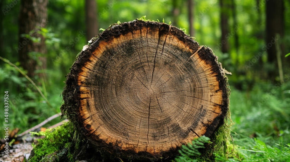 Fototapeta premium Detailed view of a freshly cut tree stump in a vibrant green forest during daylight hours