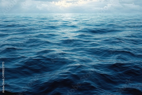 Vast calm ocean under a partly cloudy sky with gentle waves reflecting soft sunlight