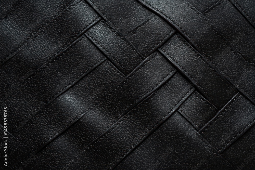 Fototapeta premium Close-up of black leather strips woven together creating a textured, patterned surface with visible stitching and a soft sheen