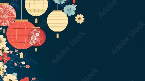 Blank obon wishcard lanterns cool tones traditional festive elements no text culturally respectful and Adobe Stock compliant