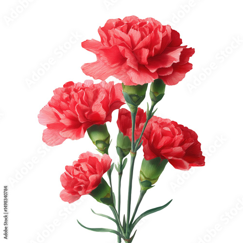 Watercolor Bouquet of Red Carnations with Green Stems and Buds. 