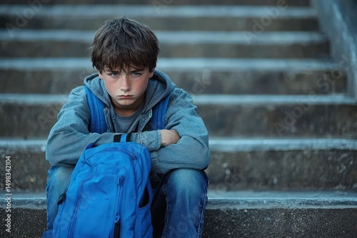 sad young boy with blue backpack sits on outdoor stone steps with arms crossed looking upset and serious