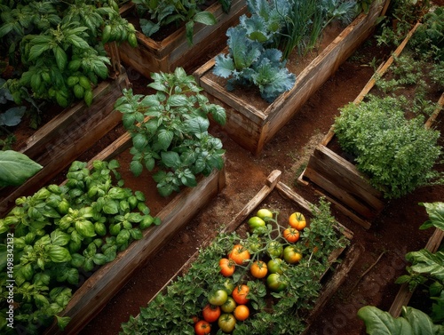 Overhead View of a Lush Vegetable Garden with Tomatoes and Herbs