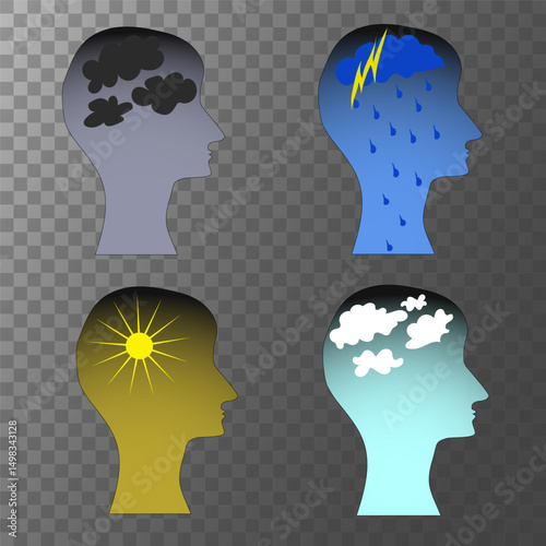 Head silhouette set. Emotional weather concept. Vector mood illustration. Colorful gradient effect.