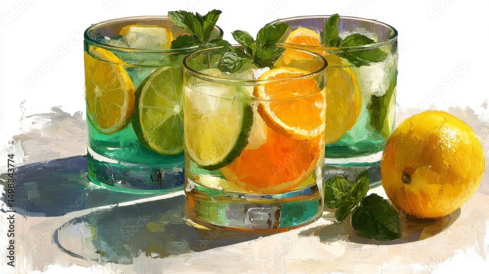 Fototapeta premium Three Glasses of Citrus Refreshment with Mint