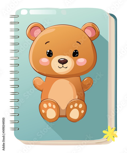 notebook displays a cute bear waving cheerfully vector illustration