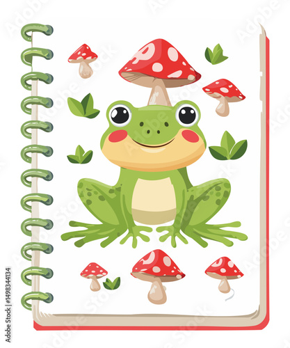green frog smiles cheerfully on notebook cover vector illustration