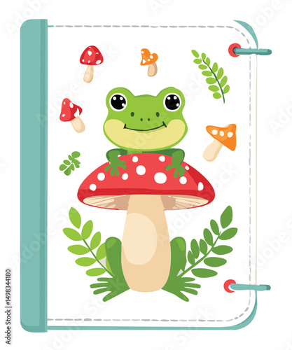 charming frog with various natural elements notebook vector illustration