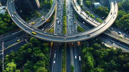 Aerial view of a busy multi-level highway interchange surrounded by lush green trees with various vehicles traveling on the roads during daylight