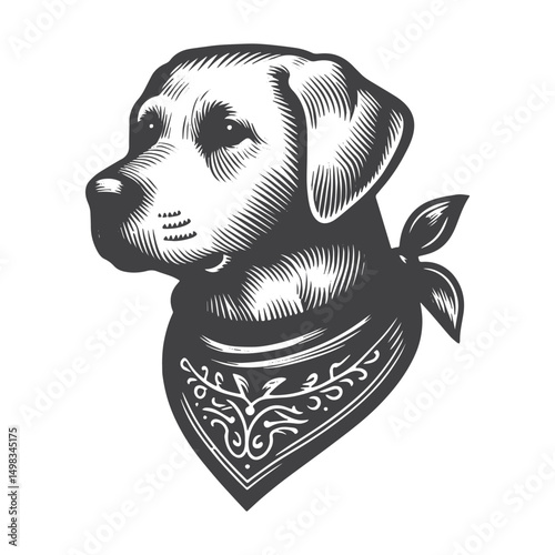 Vintage Hand-Drawn Labrador Retriever Illustration – Wearing a Bandana Engraved Style Vector for T-Shirts, Posters, Stickers, and Casual Pet Apparel