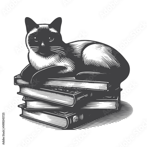 Vintage Hand-Drawn Siamese Cat Illustration – Relaxed Pose on Books Engraved Style Vector for T-Shirts, Posters, Stickers, and Book Lover Apparel