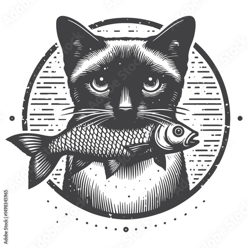 Vintage Hand-Drawn Siamese Cat Illustration – Proud Catch Engraved Style Vector for T-Shirts, Posters, Stickers, and Pet Hunter Themes Apparel