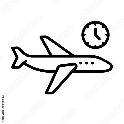 Airplane with clock showing time for departure or arrival on a white background design icon flat style