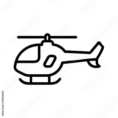 Simple outline drawing of a chopper with rotor blades and landing skids for travel and rescue uses