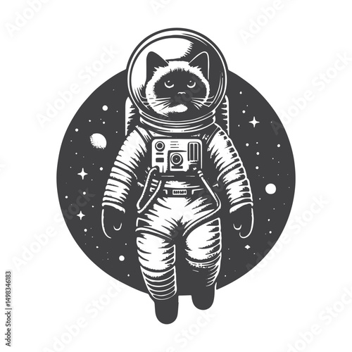 Vintage Hand-Drawn Siamese Cat Illustration – Space Explorer Feline Engraved Style Vector for T-Shirts, Posters, Stickers, and Sci-Fi Themes Apparel
