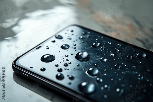 Water droplets beading on a smartphone screen, showcasing its water-resistant properties.