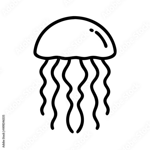 Simple graphic depiction of a jellyfish with wavy tentacles and a rounded bell shape in black outline