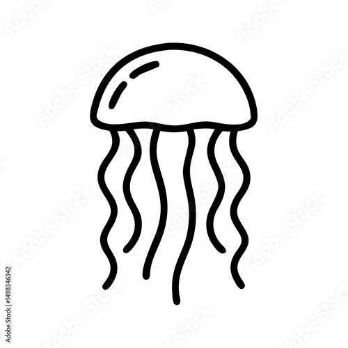 Simple drawing of a sea creature with a bell shaped body and dangling tentacles in black outline style