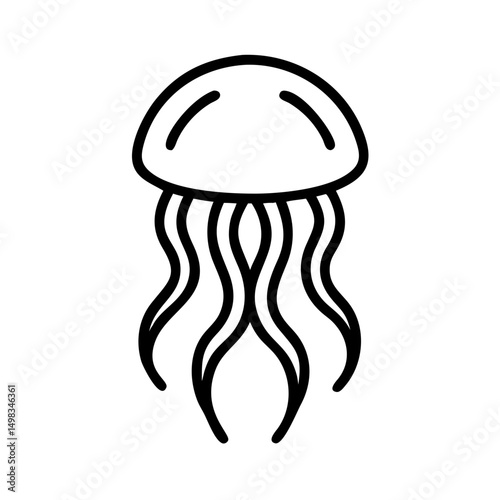 Simple line art depiction of a jellyfish with wavy tentacles and a rounded bell shape design element