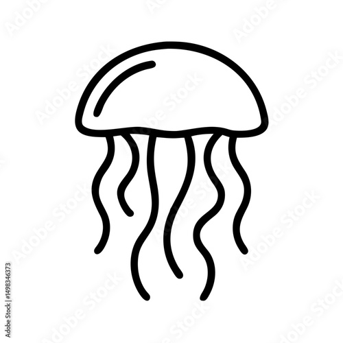 A simple graphic representation of a sea creature with a bell and trailing tentacles design element