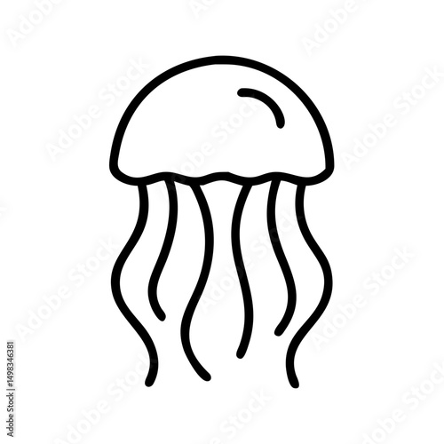Simple graphic showing a jellyfish with wavy tentacles in a black outline on a white background