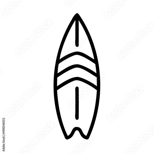 A simple graphic of a surfboard with stripes and a fin displayed in a minimalist style design style