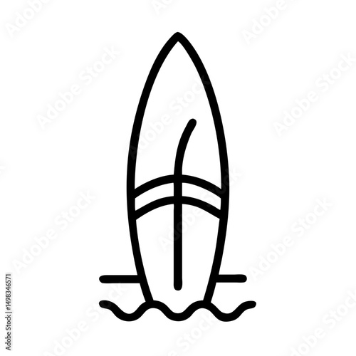 Outline graphic of a surfboard standing upright in the water ready for some summer fun and adventure time