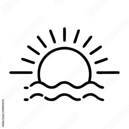 Simple graphic showing sun rising over water with waves and sun rays in black and white minimal design