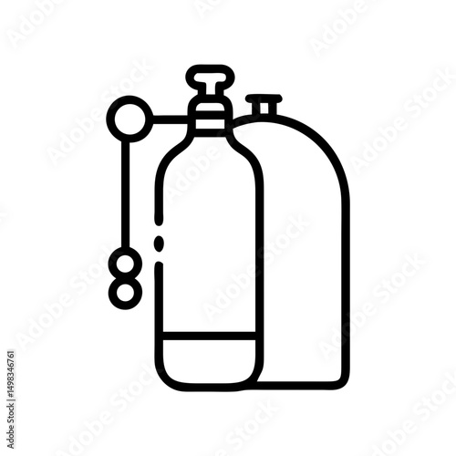 Outline drawing showing two tanks, one with a pressure gauge and connected chain, in black and white