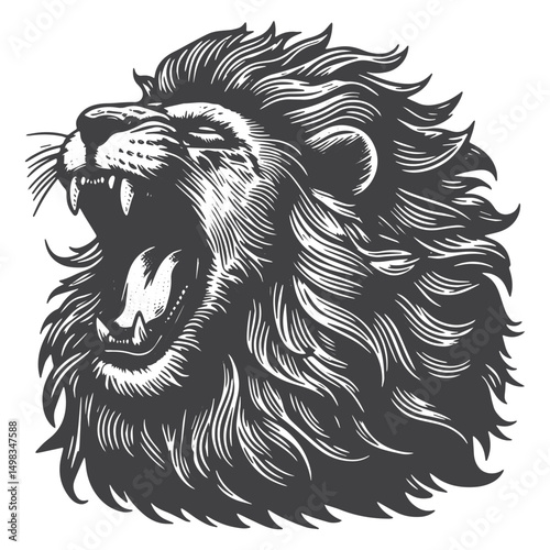 Vintage Hand-Drawn Lion Head Roaring Side View Illustration – Wild Animal Engraved Style Vector For T-Shirts, Posters, Stickers, And Safari Themes Apparel