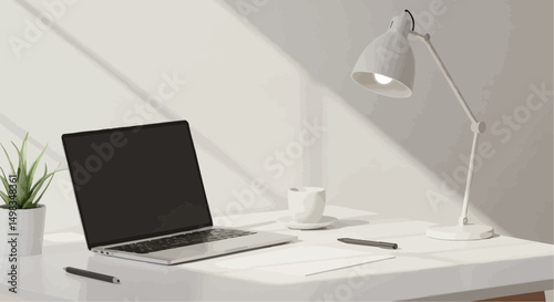 Minimalist desk setup with laptop, lamp, and plant in bright space,  Flat Vector Art 