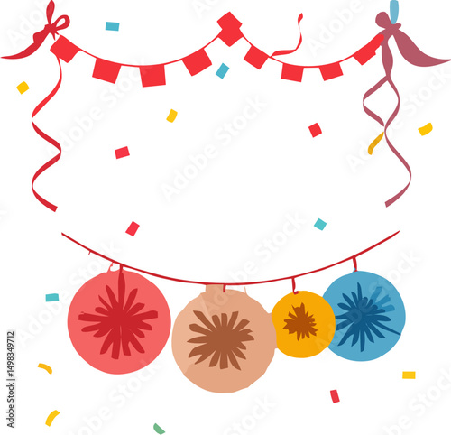 Hanging Paper Fans and Confetti with Red Garland and Streamers for Colorful Party Celebration Vector Background