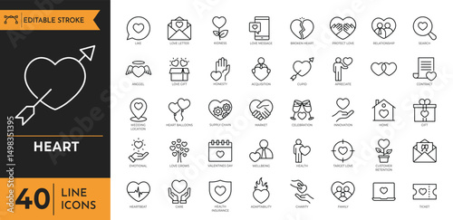 Heart outline icon set. Containing life, love, like, charity, caring, passion, healthcare, emotional, and more. Editable stroke. Vector illustration