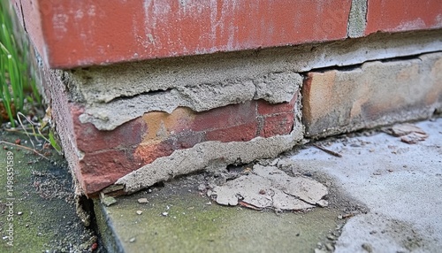 赤レンガの建物の損傷した基礎部分のクローズアップ