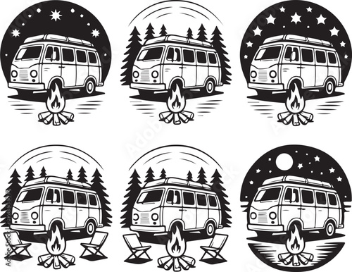 Tent Under Stars Camping Silhouette

Campfire by the Lake Vector Scene

Hiker Resting at Campsite Design

Family Camping Adventure Silhouette

Mountain Forest Camping Night Vector