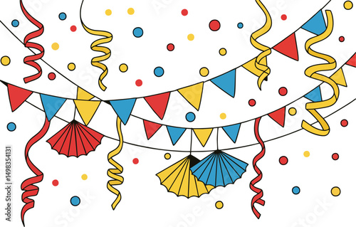 Colorful Hanging Bunting Flags and Paper Fans with Confetti and Streamers Vector for Party Celebration Background