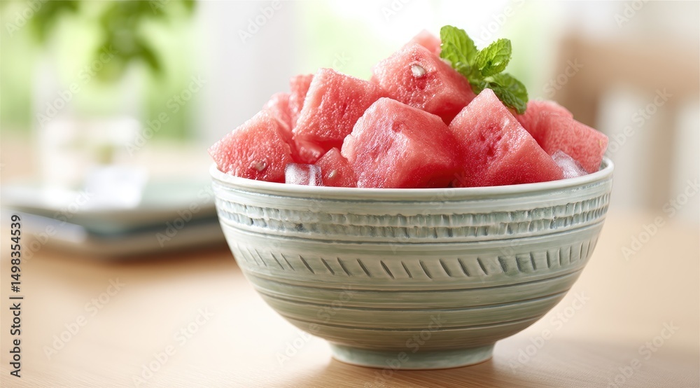 Cubed watermelon in a bowl, garnished with mint Cubed watermelon in a bowl, garnished with mint