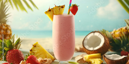 A vibrant Bahama Mama smoothie, garnished with a fresh pineapple slice and a strawberry