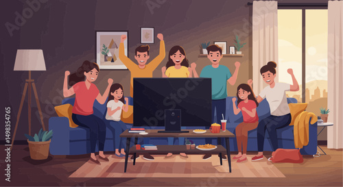Group of people cheering while watching TV in living room during evening,  Flat Vector Art   