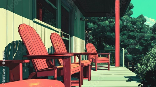Colorful porch with Adirondack chairs, a sunny day